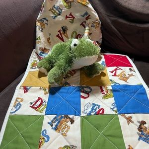 Handcrafted small reversible quilt and carry bag with preloved small plushie